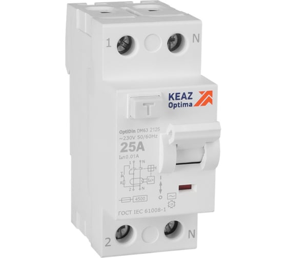 Изображение товара Выключатель дифференциального тока без защиты от сверхтоков КЭАЗ OptiDin DM63-2125-AC-4,5-УХЛ4 2P, 25, 10mA 343882