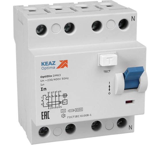 Изображение товара Выключатель дифференциального тока без защиты от сверхтоков КЭАЗ OptiDin DM63-4480-AС-УХЛ4 4P, 80, 300mA 254228