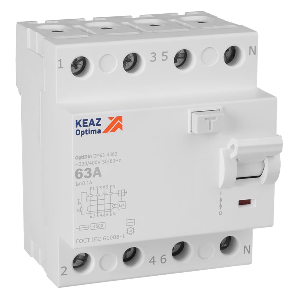 Изображение товара Выключатель дифференциального тока КЭАЗ OptiDin DM63-4363-AC-4,5-УХЛ4 4P 100mA