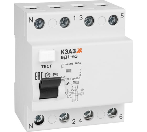 Изображение товара Выключатель дифференциального тока без защиты от сверхтоков КЭАЗ ВД1-63-4232-АС-УХЛ4- 4P, 32, 30mA 221948