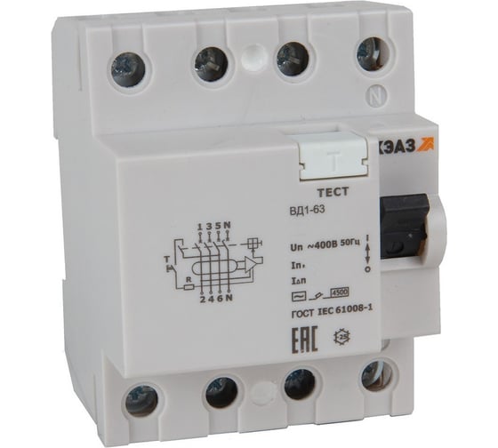 Изображение товара Выключатель дифференциального тока без защиты от сверхтоков КЭАЗ ВД1-63-4350-АС-УХЛ4 4P, 50, 100mA, электронное 318487