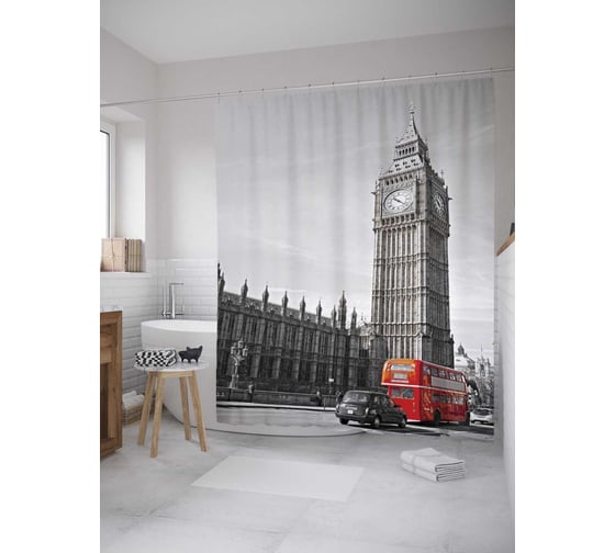 Изображение товара Штора (занавеска) для ванной JoyArty "Экскурсия к биг бену" из сатена, 180х200 см с крючками, sc_9414