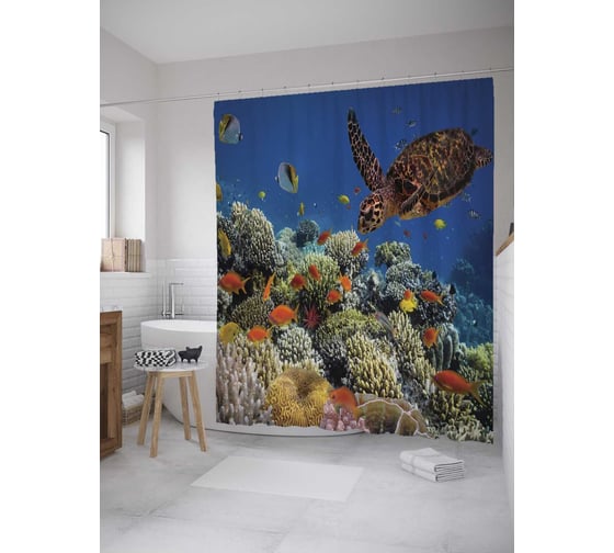 Изображение товара Штора (занавеска) для ванной JoyArty "Черепаха на дне" из сатена, 180х200 см с крючками, sc_9226