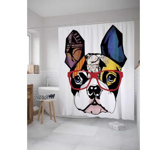Изображение товара Штора (занавеска) для ванной JoyArty "Собака в очках" из сатена, 180х200 см с крючками, sc_60788