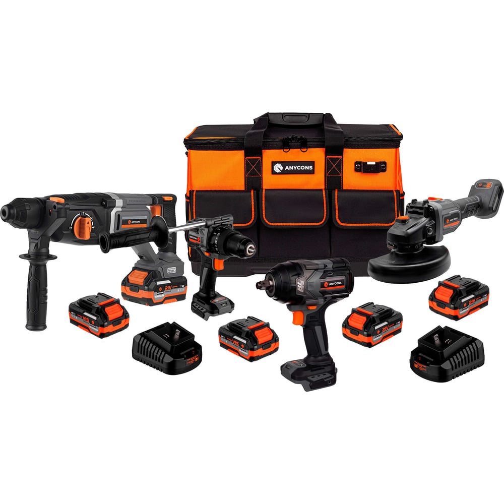 Изображение товара Набор из 4 профессиональных электроинструментов Anycons ST408 с аккумуляторами 21 В Изображение товара Набор из 4 профессиональных электроинструментов Anycons ST408 с аккумуляторами 21 В