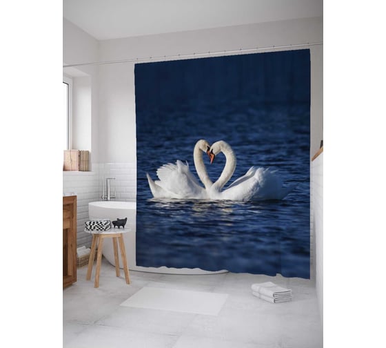 Изображение товара Штора (занавеска) для ванной JoyArty "Любовь лебедей" из сатена, 180х200 см с крючками, sc_79748
