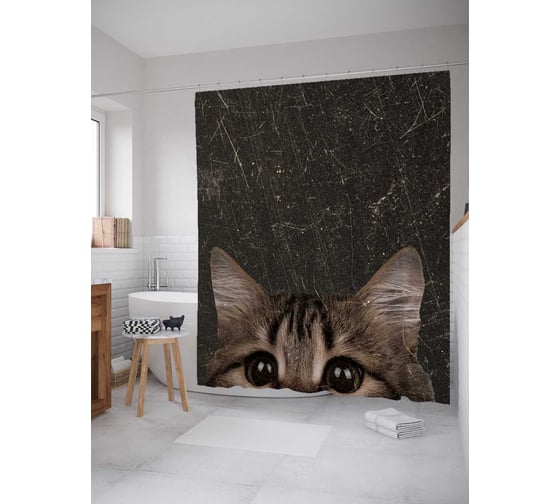 Изображение товара Штора (занавеска) для ванной JoyArty "Любопытный котик" из сатена, 180х200 см с крючками, sc_7724