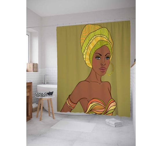 Изображение товара Штора (занавеска) для ванной JoyArty "Африканская дама" из сатена, 180х200 см с крючками, sc_36765