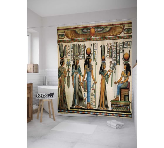 Изображение товара Штора (занавеска) для ванной JoyArty "Подношения фараону" из сатена, 180х200 см с крючками, sc_9333