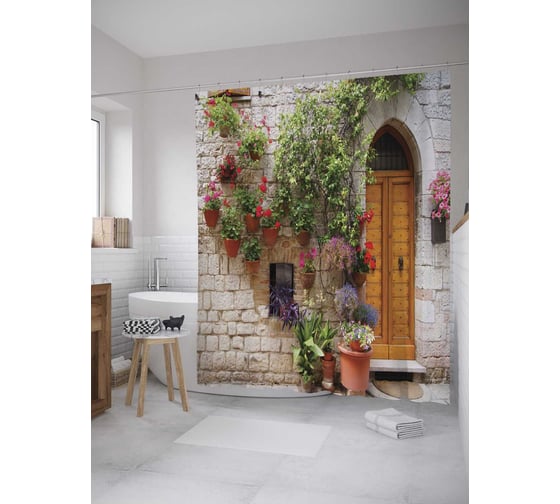 Изображение товара Штора (занавеска) для ванной JoyArty "Цветы на камне" из сатена, 180х200 см с крючками, sc_9198