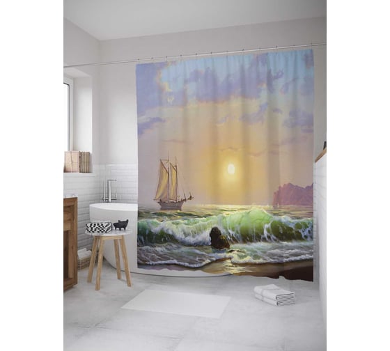 Изображение товара Штора (занавеска) для ванной JoyArty "Морской следопыт" из сатена, 180х200 см с крючками, sc_9273