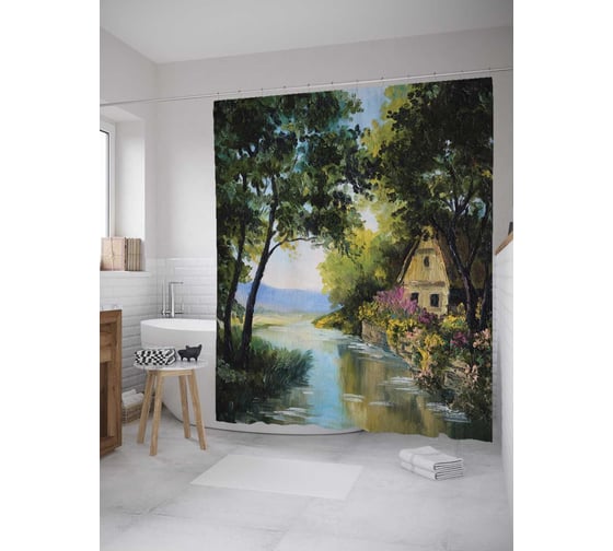 Изображение товара Штора (занавеска) для ванной JoyArty "Домик в деревне" из сатена, 180х200 см с крючками, sc_9256