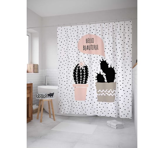 Изображение товара Штора (занавеска) для ванной JoyArty "Влюбленный кактус" из сатена, 180х200 см с крючками, sc_91985