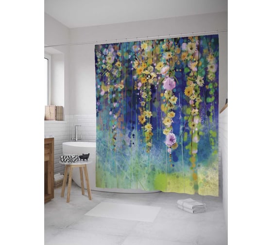 Изображение товара Штора (занавеска) для ванной JoyArty "Висящие цветы" из сатена, 180х200 см с крючками, sc_9121
