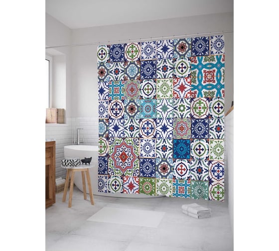 Изображение товара Штора (занавеска) для ванной JoyArty "Цветочные вибрации" из сатена, 180х200 см с крючками, sc_7526