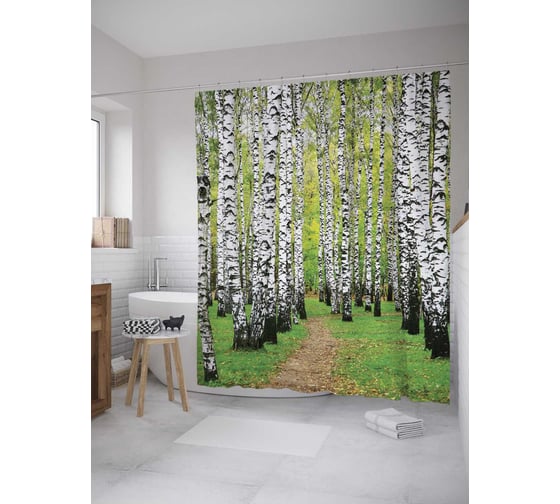 Изображение товара Штора (занавеска) для ванной JoyArty "Березовая роща" из сатена, 180х200 см с крючками, sc_9342