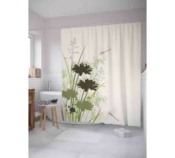 Изображение товара Штора (занавеска) для ванной JoyArty "Полевые стрекозы" из сатена, 180х200 см с крючками, sc_35187