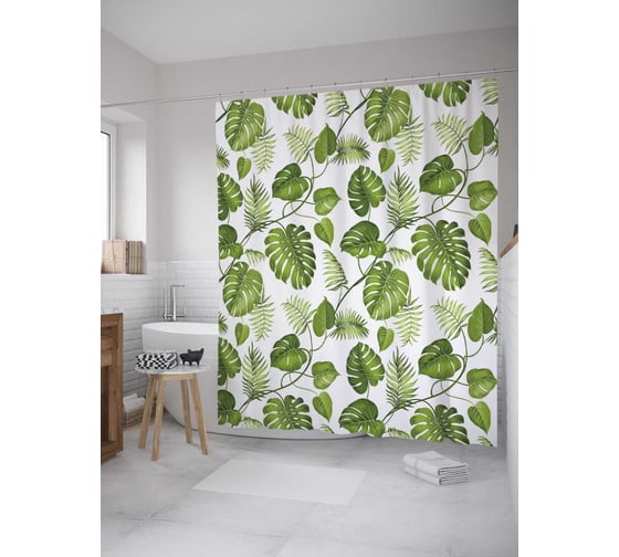 Изображение товара Штора (занавеска) для ванной JoyArty "Лианы монстеры" из сатена, 180х200 см с крючками, sc_36055