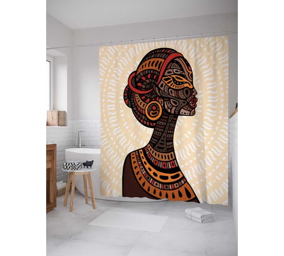 Изображение товара Штора (занавеска) для ванной JoyArty "Татуированная африканка" из сатена, 180х200 см с крючками, sc_36747