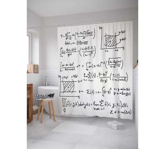 Изображение товара Штора (занавеска) для ванной JoyArty "Математические записи" из сатена, 180х200 см с крючками, sc_37797