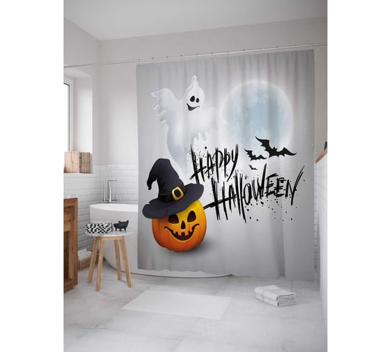 Изображение товара Штора (занавеска) для ванной JoyArty "Открытка на Хеллоуин" из сатена, 180х200 см с крючками, sc_36718