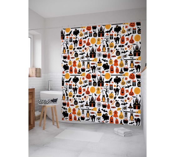 Изображение товара Штора (занавеска) для ванной JoyArty "Символы Хэллоуина" из сатена, 180х200 см с крючками, sc_36728