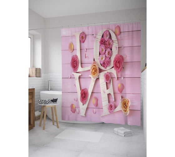 Изображение товара Штора (занавеска) для ванной JoyArty "Любовь и розы" из сатена, 180х200 см с крючками, sc_35523