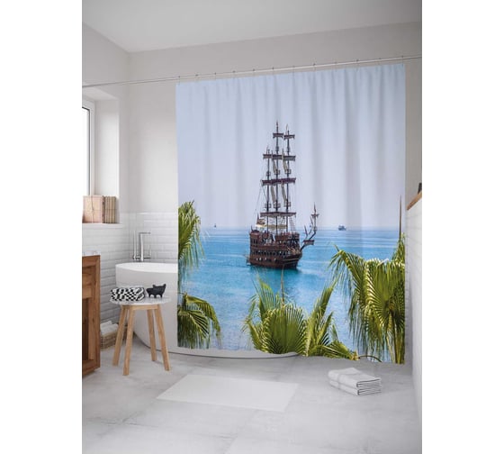 Изображение товара Штора (занавеска) для ванной JoyArty "Корабль пиратов в море" из сатена, 180х200 см с крючками, sc_38227