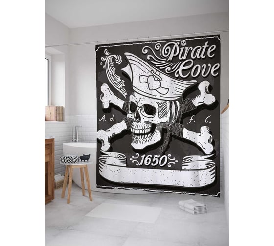 Изображение товара Штора (занавеска) для ванной JoyArty "Пиратский клуб 1650" из сатена, 180х200 см с крючками, sc_38200