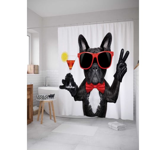 Изображение товара Штора (занавеска) для ванной JoyArty "Пес на вечеринке" из сатена, 180х200 см с крючками, sc_38597