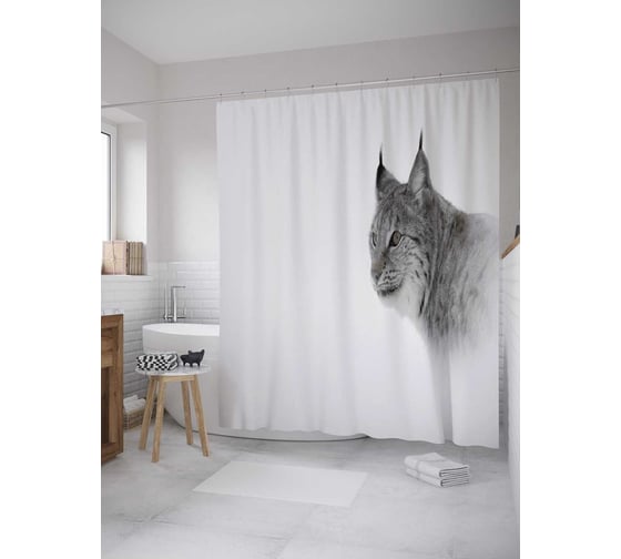 Изображение товара Штора (занавеска) для ванной JoyArty "Монохромная рысь" из сатена, 180х200 см с крючками, sc_35767