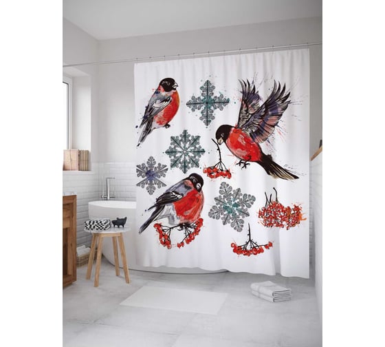 Изображение товара Штора (занавеска) для ванной JoyArty "Снегири зимой" из сатена, 180х200 см с крючками, sc_38363