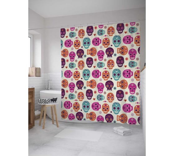 Изображение товара Штора (занавеска) для ванной JoyArty "Яркие черепа" из сатена, 180х200 см с крючками, sc_35952