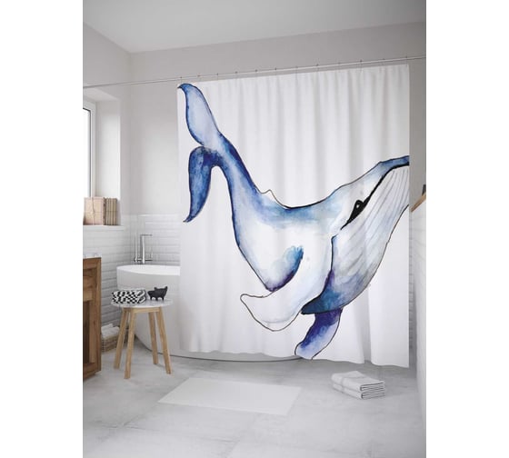 Изображение товара Штора (занавеска) для ванной JoyArty "Кит выжидает" из сатена, 180х200 см с крючками, sc_33570