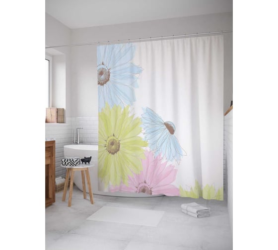 Изображение товара Штора (занавеска) для ванной JoyArty "Разноцветные ромашки" из сатена, 180х200 см с крючками, sc_38092