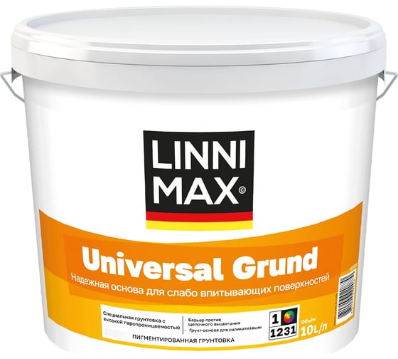 Изображение товара Грунтовка пигментированная водно-дисперсионная LINNIMAX Universal Grund / Универсал Грунт, 10 л 948106071