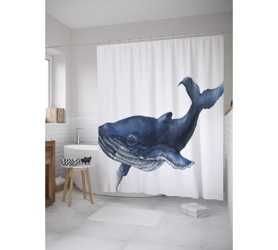 Изображение товара Штора (занавеска) для ванной JoyArty "Кит изогнулся" из сатена, 180х200 см с крючками, sc_33575