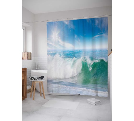 Изображение товара Штора (занавеска) для ванной JoyArty "Морской прибой" из сатена, 180х200 см с крючками, sc_36947