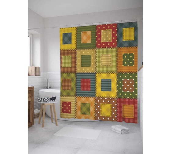 Изображение товара Штора (занавеска) для ванной JoyArty "Лоскутный плед" из сатена, 180х200 см с крючками, sc_35741