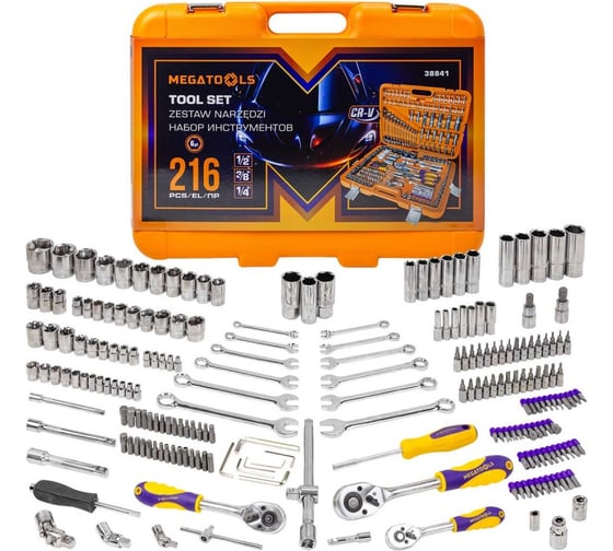 Изображение товара Набор инструментов MEGATOOLS 216 предметов, 1/4''3/8''1/2'', 6гр, 4-32мм, в пластиковом кейсе MT-38841(58198)