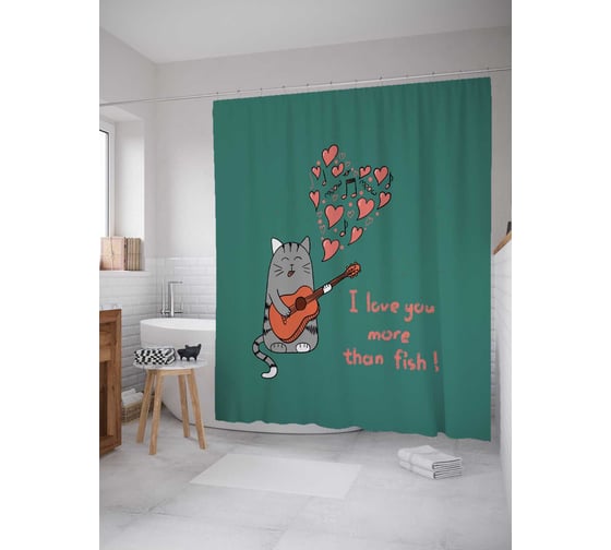 Изображение товара Штора (занавеска) для ванной JoyArty "Влюбленный кот-гитарист" из сатена, 180х200 см с крючками, sc_53721