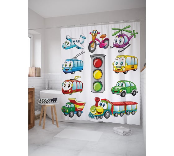 Изображение товара Штора (занавеска) для ванной JoyArty "Мультяшные автомобильчики" из сатена, 180х200 см с крючками, sc_54130