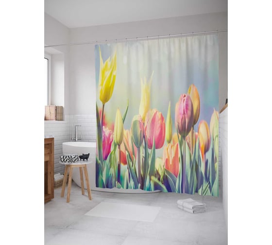 Изображение товара Штора (занавеска) для ванной JoyArty "Весенние тюльпаны" из сатена, 180х200 см с крючками, sc_38072