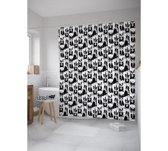 Изображение товара Штора (занавеска) для ванной JoyArty "Бульдоги на празднике" из сатена, 180х200 см с крючками, sc_60791