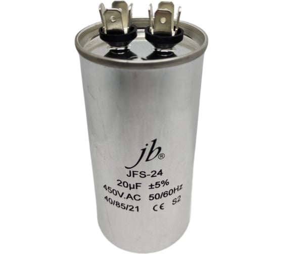 Изображение товара Конденсатор пусковой JB Capacitors 20мкФ, 450В, 55х110, JFS-24 (CBB65) Алюминевый корпус (клеммы), JFS24A6206J000000B-328