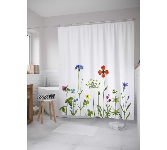 Изображение товара Штора (занавеска) для ванной JoyArty "Полевой цветочный сбор" из сатена, 180х200 см с крючками, sc_32063