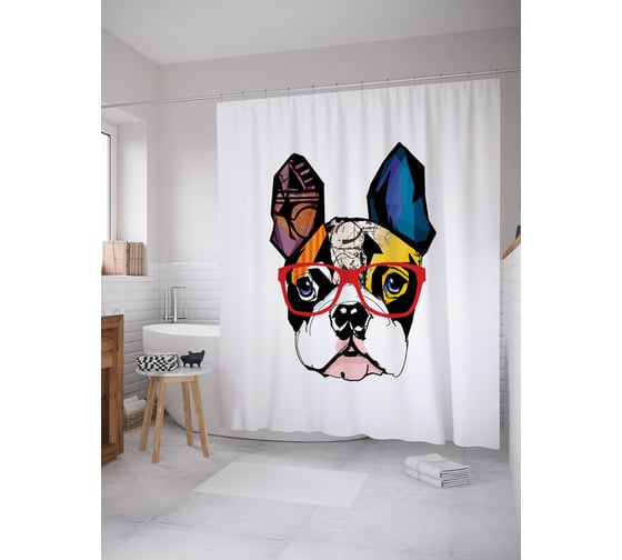 Изображение товара Штора (занавеска) для ванной JoyArty "Геометрический мопс в очках" из сатена, 180х200 см с крючками, sc_58154