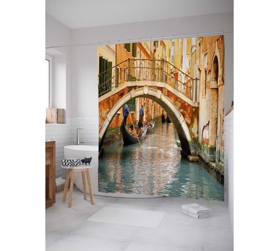 Изображение товара Штора (занавеска) для ванной JoyArty "По каналам Венеции" из сатена, 180х200 см с крючками, sc_37913