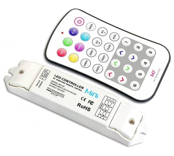 Изображение товара RGB контроллер для светодиодной ленты VARTON 12-24 V IP20 135x30x20 мм c пультом, радиус 45 м (LTECH) M7+M3-3A