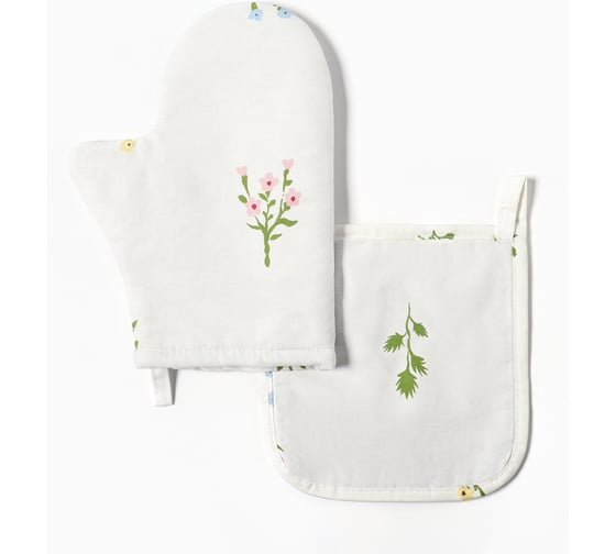 Изображение товара Набор кухонный Этель "Цветочек" варежка 20x27 см, прихватка 19x19 см, саржа 190 г/м2, 100% хлопок 10783171